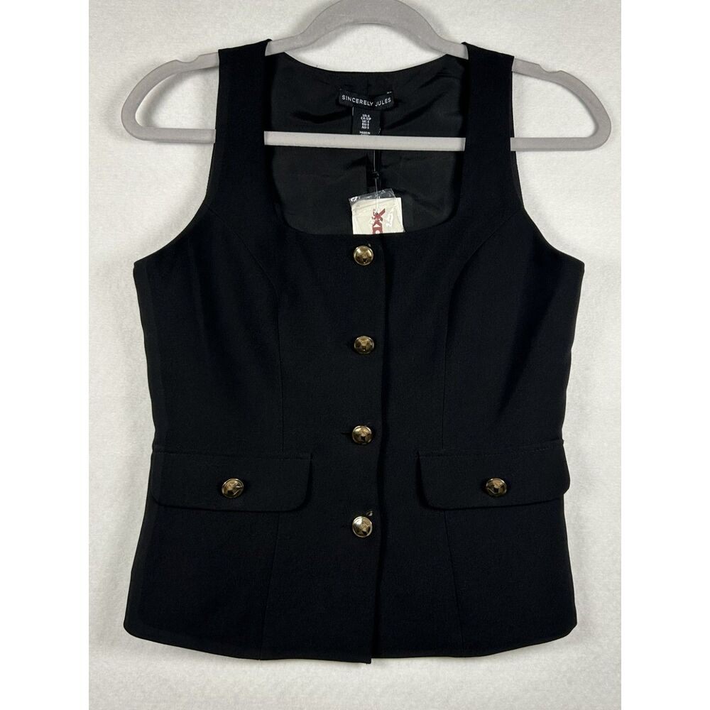 NWT Sincerely Jules Tailored Square Neck Vest with Gold Buttons – Black, Size S